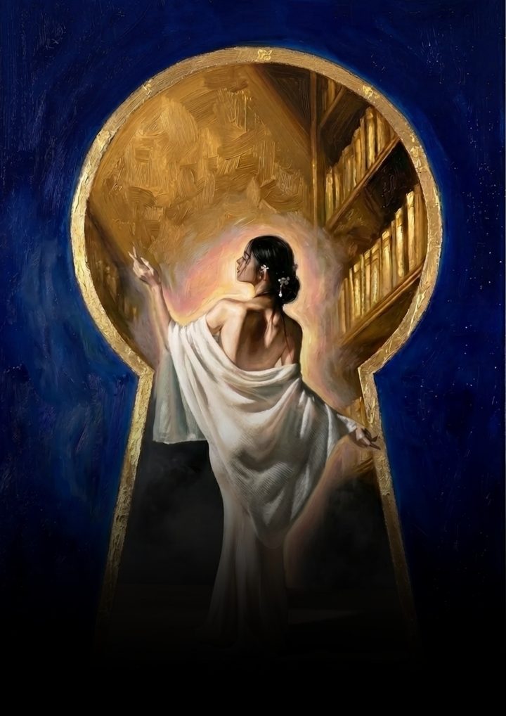 Cover of a sample reading: a woman in white seen through a golden keyhole